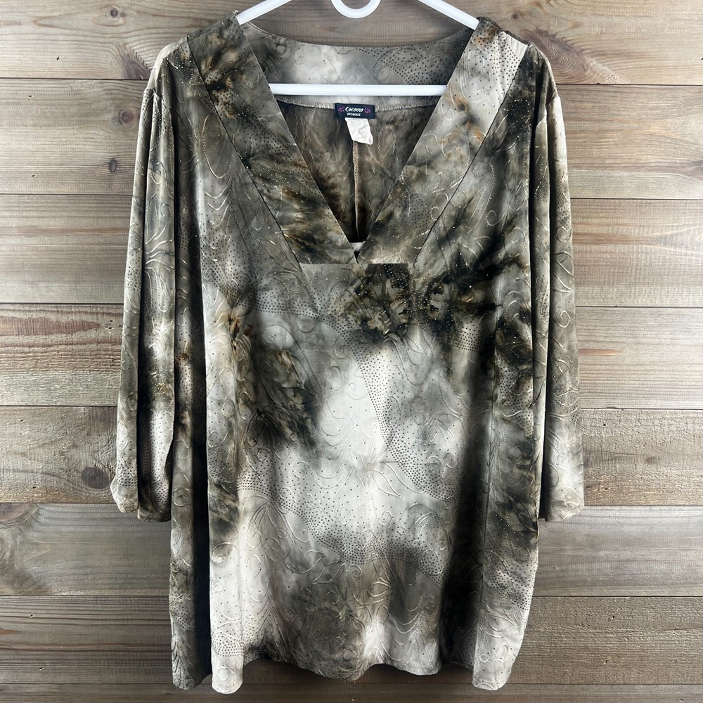 Cocomo Womens Shirt 3/4 Sleeve Tie Dye Textured Embellished Vneck Boho Size 3X